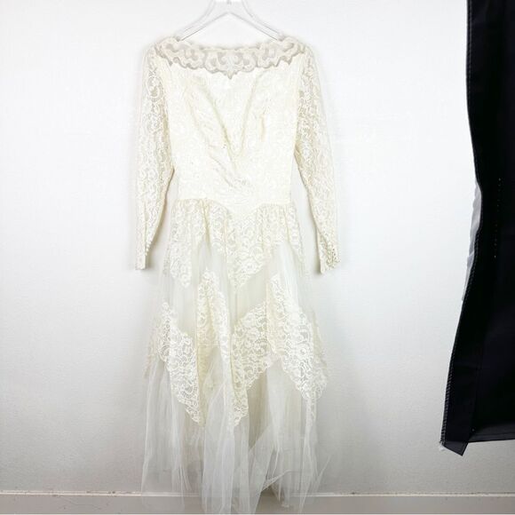 Vintage 70s 1970s Lace Off Shoulder Tulle Wedding Dress Romantic Boho - Picture 1 of 11